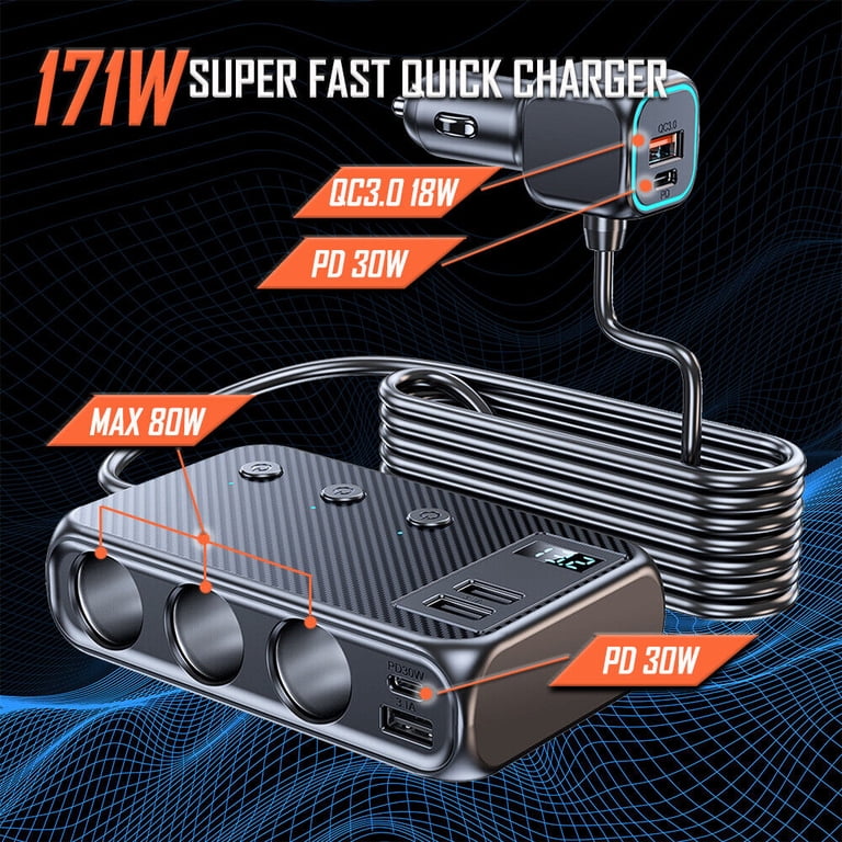 cigarette lighter multi adapter Emlimny 7 in 1 Splitter,120W Car Charger with USB & PD, Port Power Plug with Independent Switches & LED Voltage The on and off buttons above each cigarette socket are added additionally for safety Multi Car Cigarette Lighter Socket