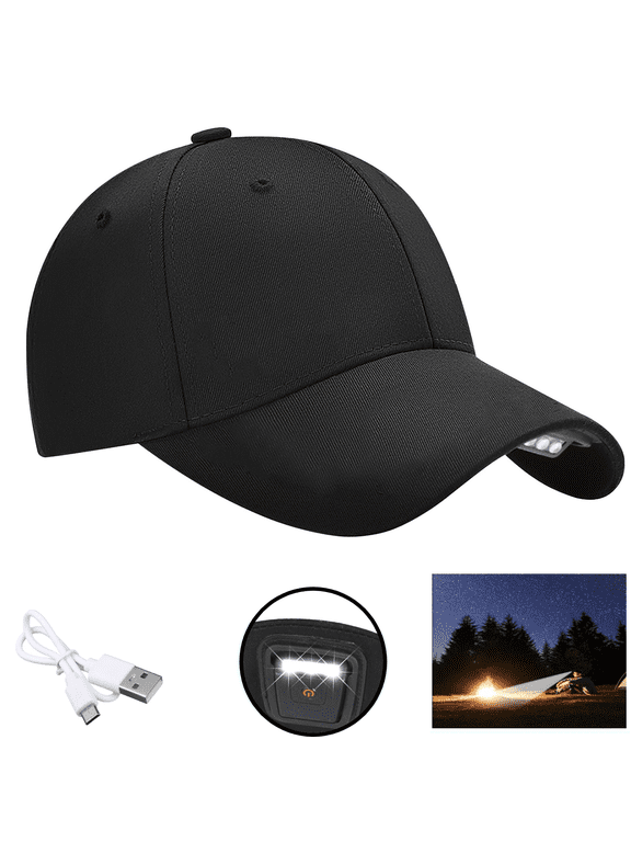 Baseball Cap with Light, USB Rechargeable Adjustment Size Hands Free LED Baseball Caps for Night Fishing Camping, Black