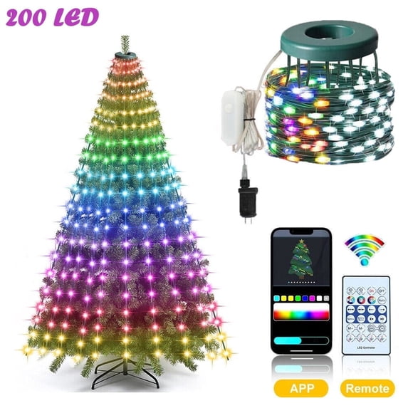 ASTRAEA 6.5FT Smart Christmas Tree Lights, 200LED RGB Color Changing String Lights Waterproof for Xmas Tree Decorations Indoor Outdoor, Multicolor