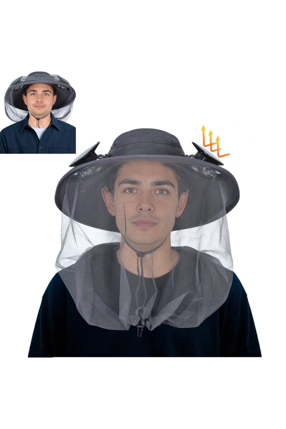 Solar Fan Hat with Mosquito Net, Sun Protection Rechargeable Fan Hat with Bug Net, Unisex Outdoor Sun Hat for Hiking, Fishing, Gardening
