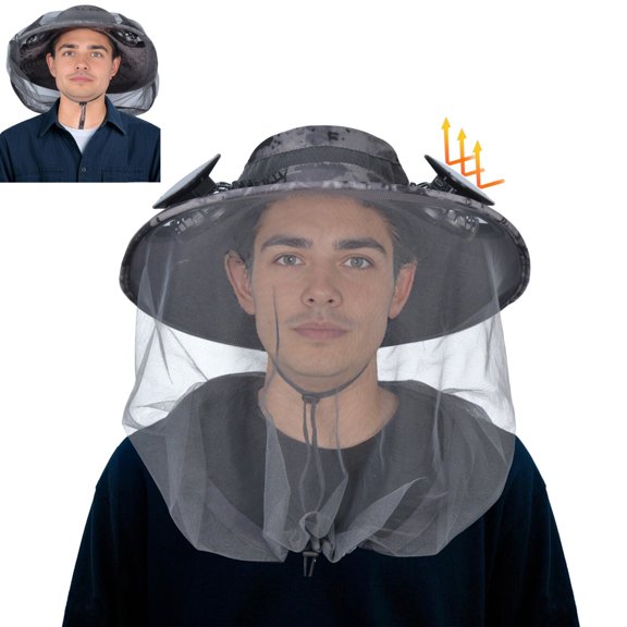 ASTRAEA Solar Fan Hat with Mosquito Net, Sun Protection Rechargeable Fan Hat with Bug Net, Unisex Outdoor Sun Hat for Hiking, Fishing, Gardening