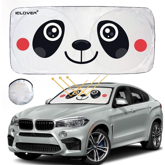 RoamRider Universal Car Windshield Sun Shade, Foldable Front Visor Reflective Protector, Panda