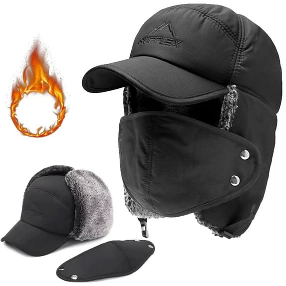 ASTRAEA 3 in 1 Winter Trapper Hat for Men Women, Windproof Trooper Hunting Russian Fur Hat with Ear Flap Mask, Aviator Ushanka for Cold Weather, Black