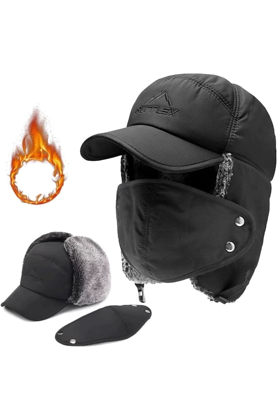 3 in 1 Winter Trapper Hat for Men Women, Windproof Trooper Hunting Russian Fur Hat with Ear Flap Mask, Aviator Ushanka for Cold Weather, Black