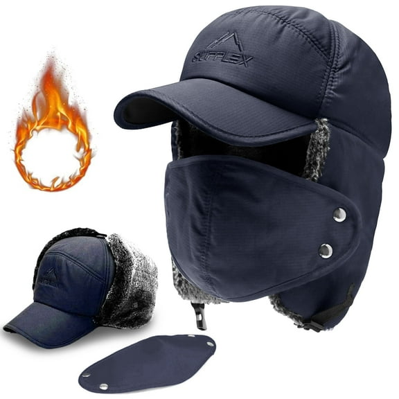 ASTRAEA 3 in 1 Winter Trapper Hat for Men Women, Windproof Trooper Hunting Russian Fur Hat with Ear Flap Mask, Aviator Ushanka for Cold Weather, Blue
