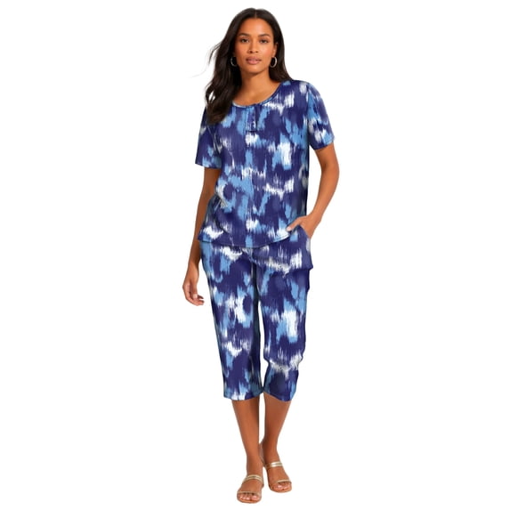 Roaman's Women's Plus Size 2-Piece Printed Henley Top And Capri Set
