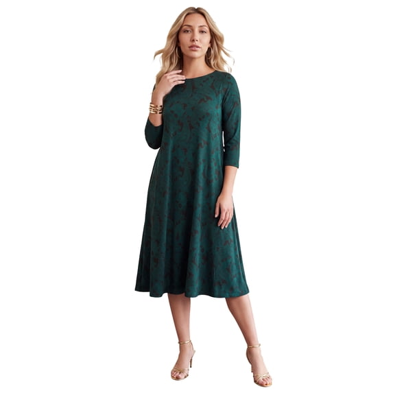 Roaman's Women's Plus Size 3/4 Sleeve Boatneck Swing Dress