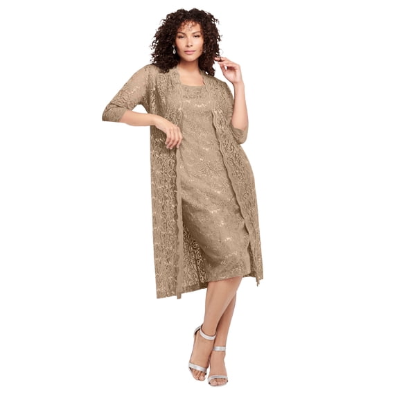 Roaman's Women's Plus Size 3/4 Sleeve Formal Duster Sequin – Embellished Lace Dress Set