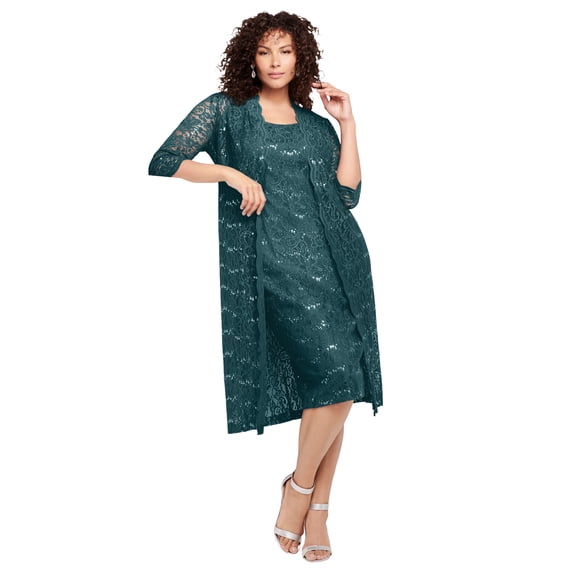 Roaman's Women's Plus Size 3/4 Sleeve Formal Duster Sequin – Embellished Lace Dress Set