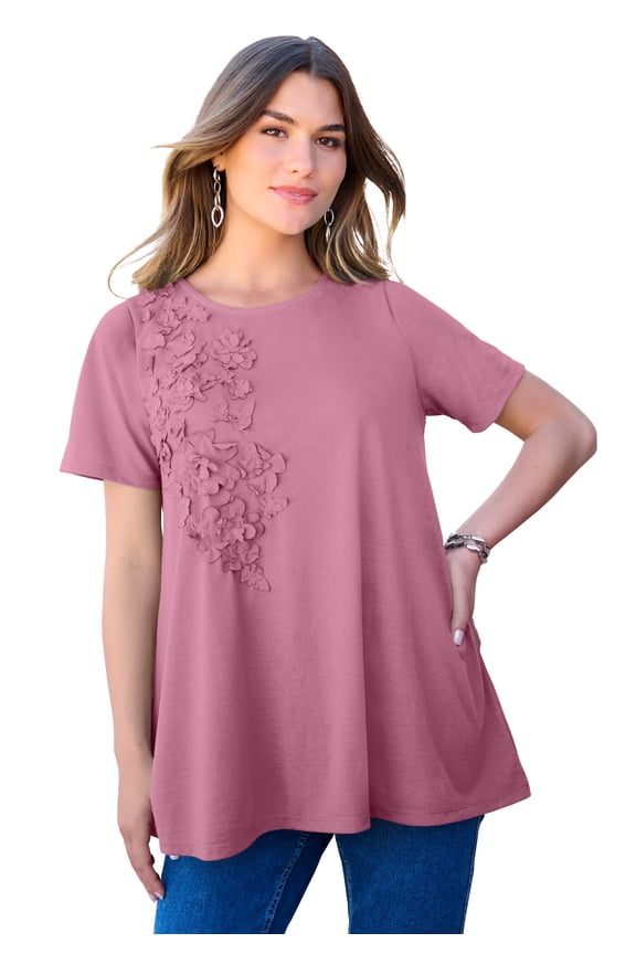 Women's Plus Size 3-D Appliqued Swing Tee