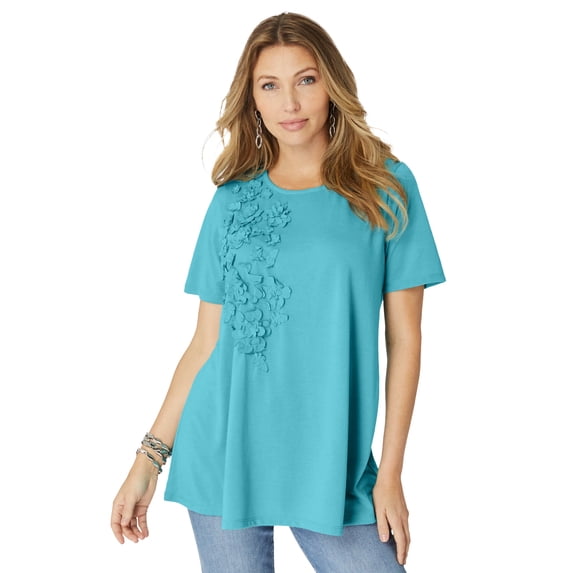 Roaman's Women's Plus Size 3-D Appliqued Swing Tee