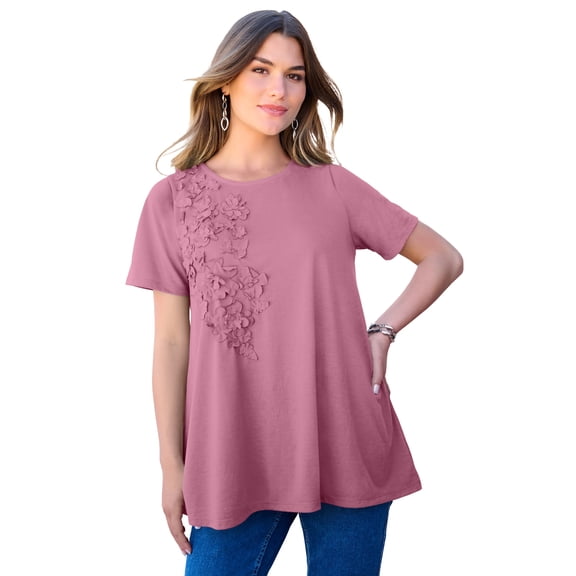 Roaman's Women's Plus Size 3-D Appliqued Swing Tee