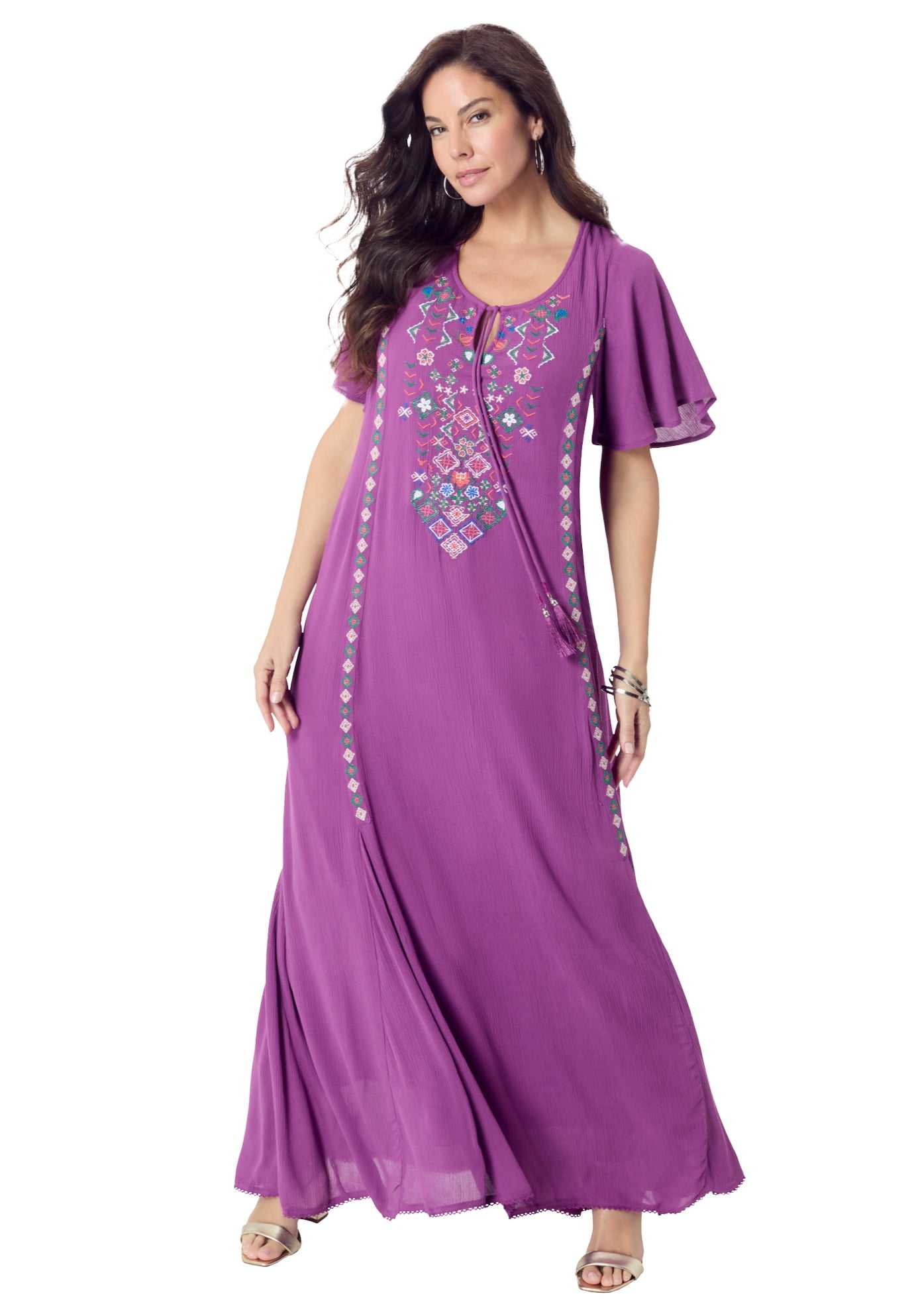 Roaman's Women's Plus Size Plus Size Flutter Sleeve Hand Crinkled Maxi ...