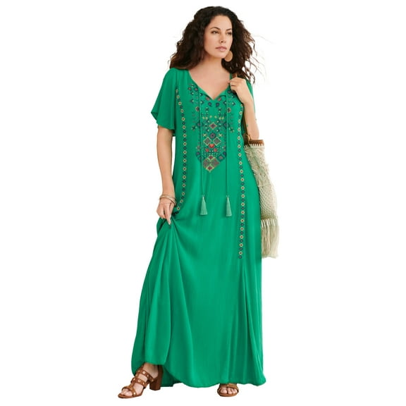 Roaman's Women's Plus Size Flutter Sleeve Hand Crinkled Maxi Dress – Curvy A-Line