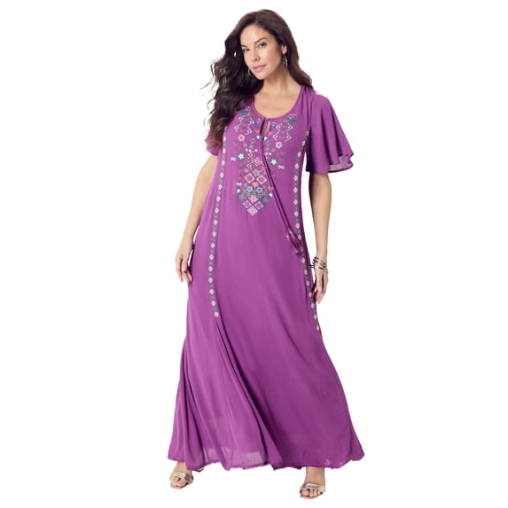 Roaman's Women's Plus Size Flutter Sleeve Hand Crinkled Maxi Dress – Curvy A-Line