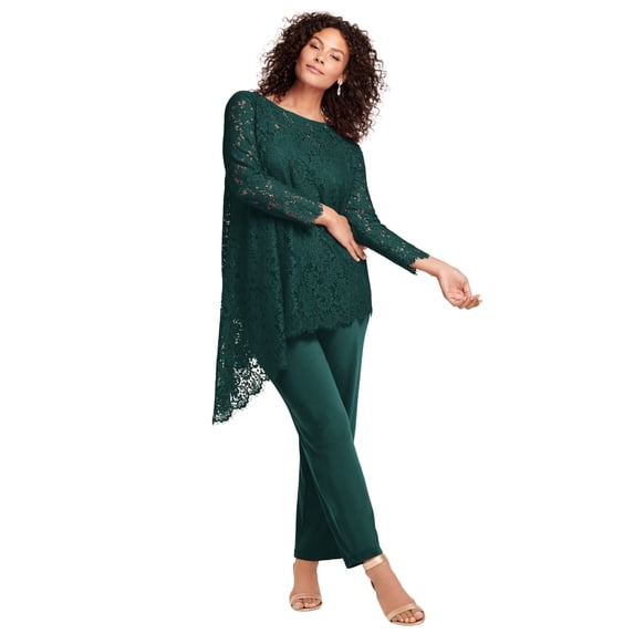Roaman's Women's Plus Size Plus-Size Asymmetrical Lace Pant Set –Long Sleeve Lace Scalloped Tunic & Elastic Waist Pants
