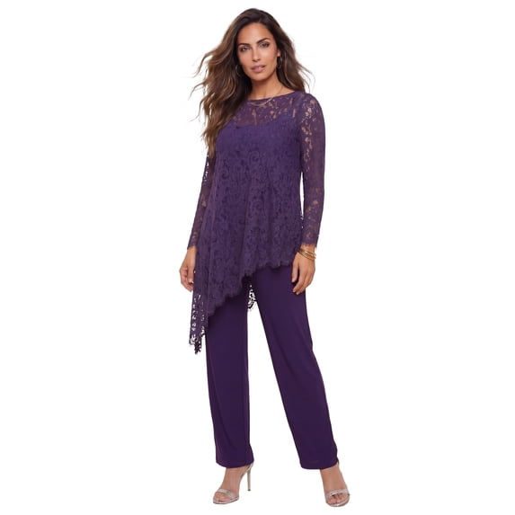 Roaman's Women's Plus Size Plus-Size Asymmetrical Lace Pant Set –Long Sleeve Lace Scalloped Tunic & Elastic Waist Pants