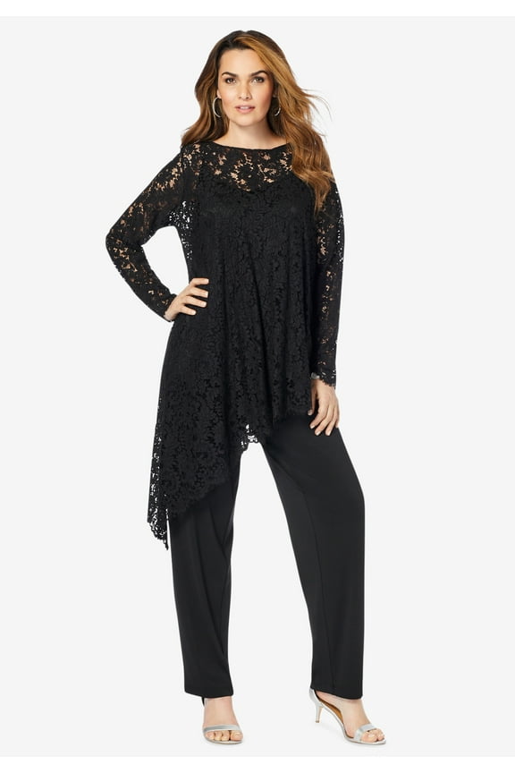 Women's Plus Size Plus-Size Asymmetrical Lace Pant Set –Long Sleeve Lace Scalloped Tunic & Elastic Waist Pants