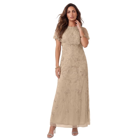 Roaman's Women's Plus Size Beaded Capelet Maxi Gown – Glam Evening Dress