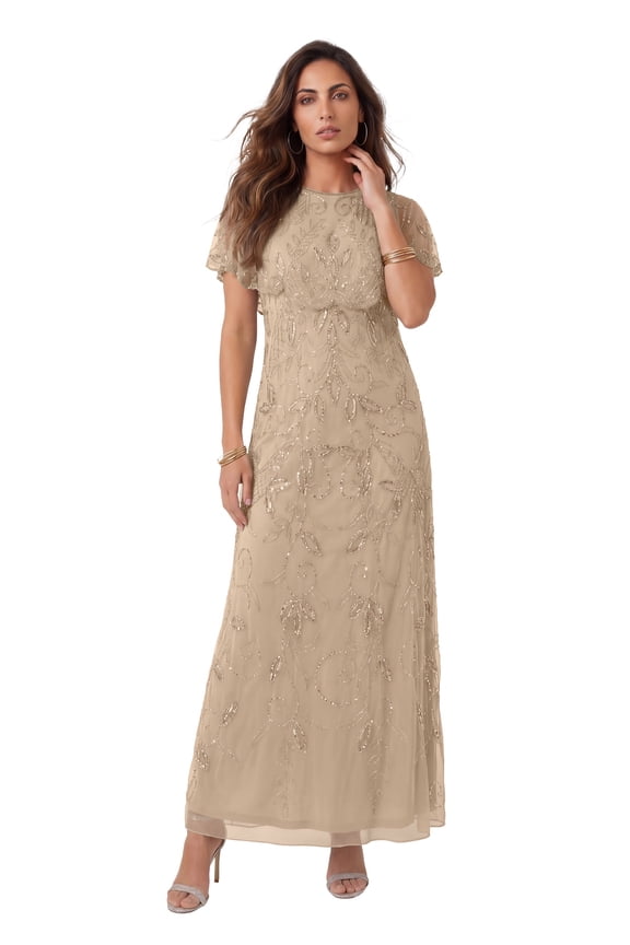 Women's Plus Size Beaded Capelet Maxi Gown – Glam Evening Dress