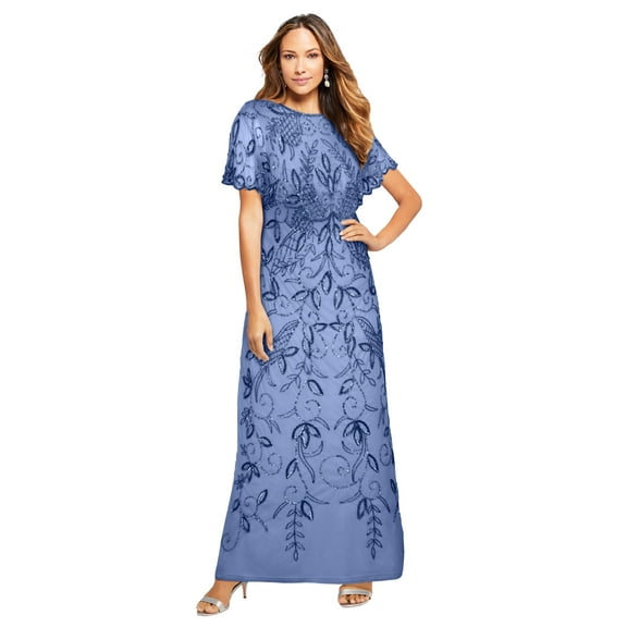 Roaman's Women's Plus Size Beaded Capelet Maxi Gown – Glam Evening Dress
