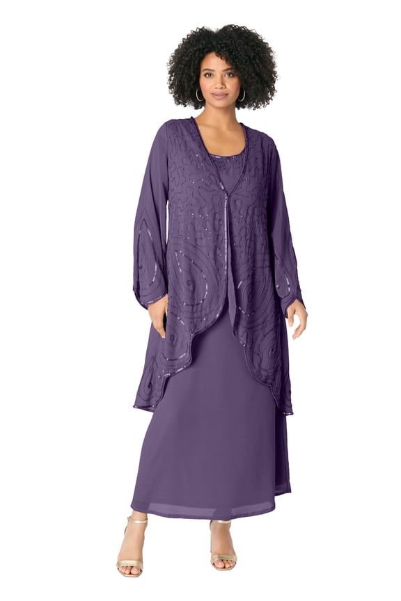 Women's Plus Size Plus-Size 2 Piece Long Sleeve Beaded Georgette Gown Set With Detachable Jacket