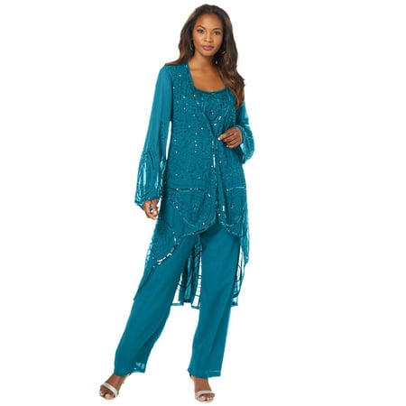 Roaman's Women's Plus Size Petite Plus Size Beaded Georgette 3-Piece Pant Set – Formal Wear