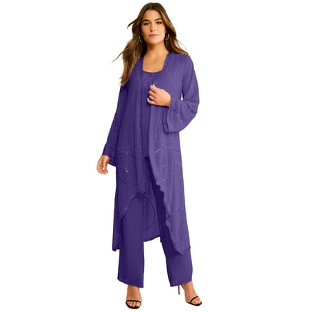 Roaman's Women's Plus Size Plus Size Beaded Georgette 3-Piece Pant Set – Formal Wear