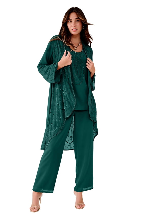 Women's Plus Size Petite Plus Size Beaded Georgette 3-Piece Pant Set – Formal Wear