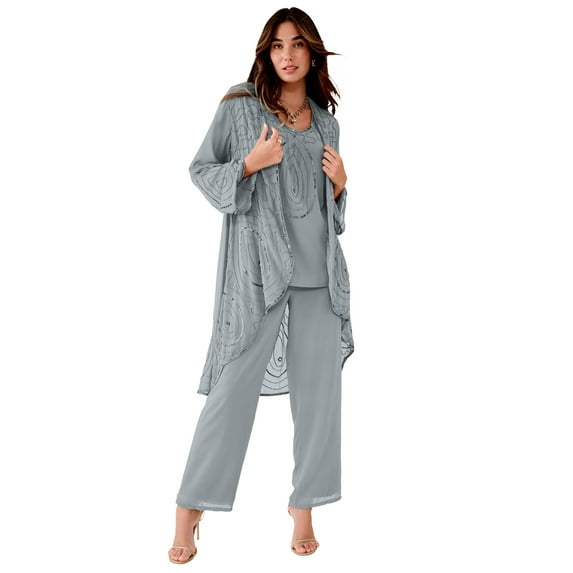 Roaman's Women's Plus Size Beaded Georgette 3-Piece Pant Set – Formal Wear