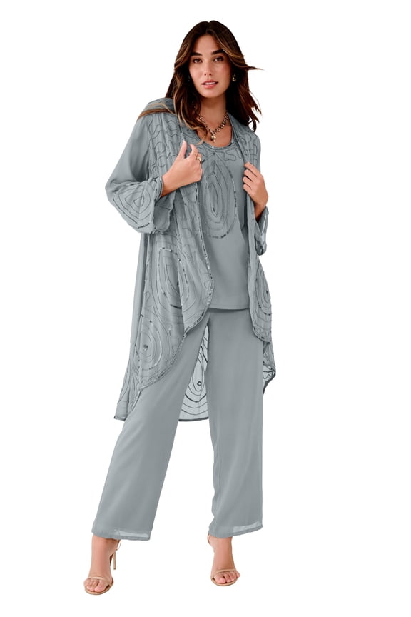 Women's Plus Size Petite Plus Size Beaded Georgette 3-Piece Pant Set – Formal Wear