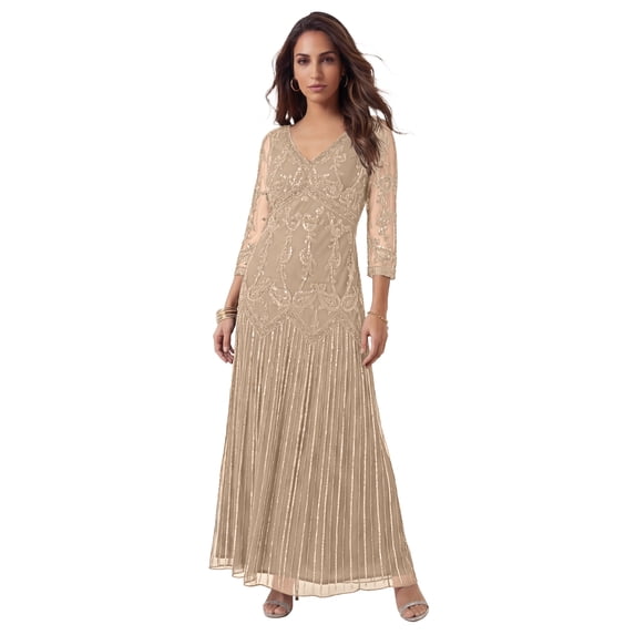 Roaman's Women's Plus Size Beaded V-Neck 3/4 Sleeve Sleeve Maxi Gown