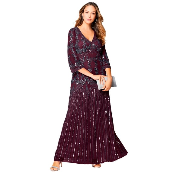 Roaman's Women's Plus Size Beaded V-Neck 3/4 Sleeve Sleeve Maxi Gown