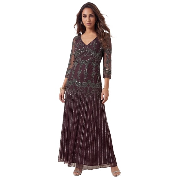 Roaman's Women's Plus Size Beaded V-Neck 3/4 Sleeve Sleeve Maxi Gown