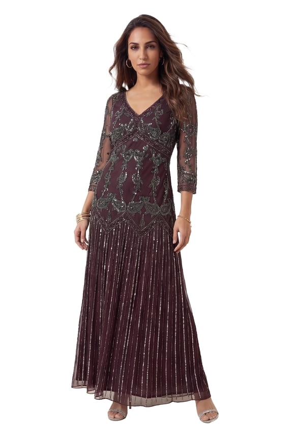 Women's Plus Size Beaded V-Neck 3/4 Sleeve Sleeve Maxi Gown