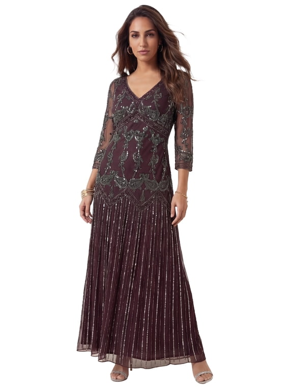 Women's Plus Size Beaded V-Neck 3/4 Sleeve Sleeve Maxi Gown