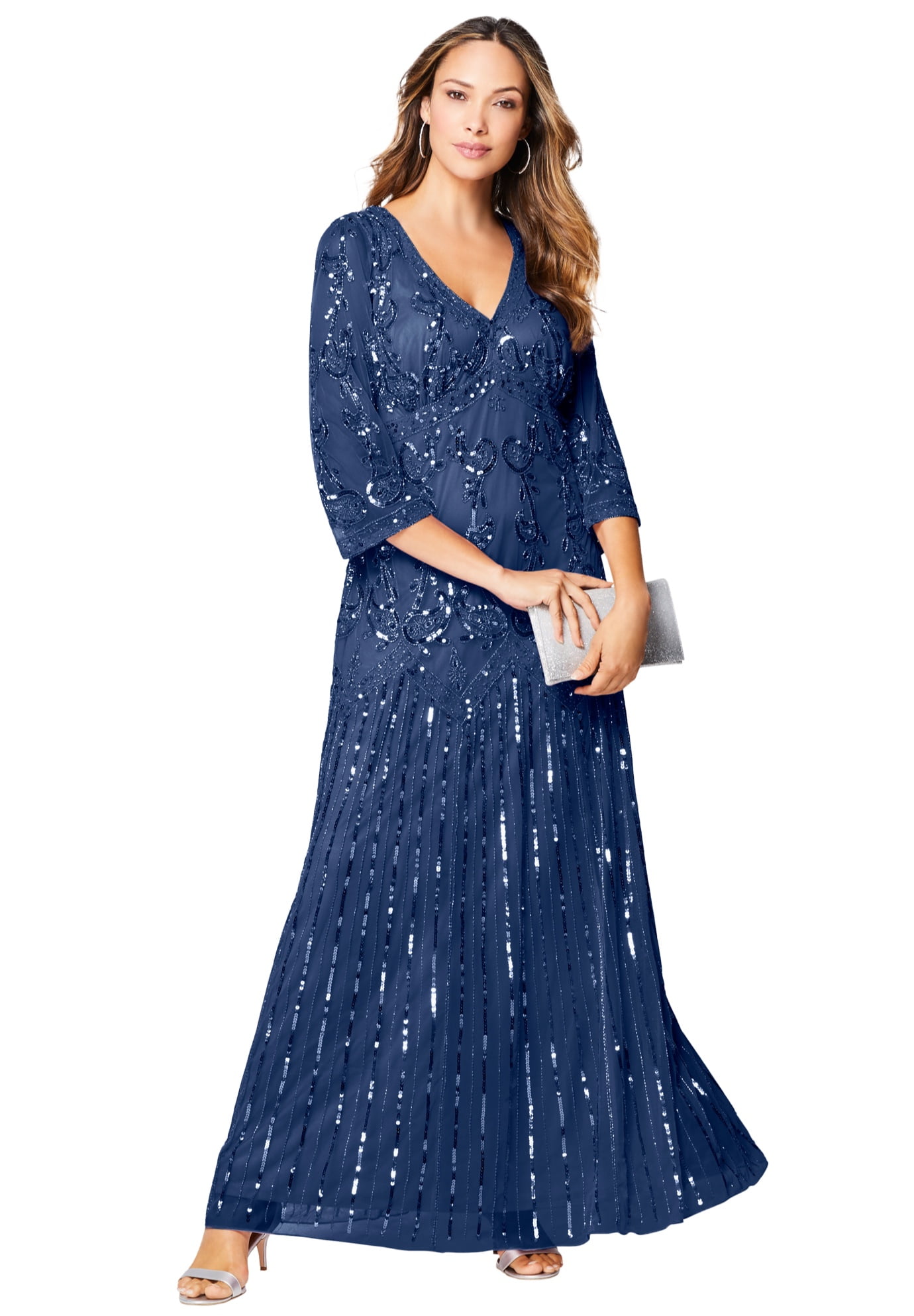 Roaman's Women's Plus Size Beaded V-Neck 3/4 Sleeve Sleeve Maxi Gown -  Walmart.com
