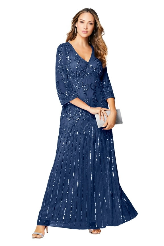 Women's Plus Size Beaded V-Neck 3/4 Sleeve Sleeve Maxi Gown