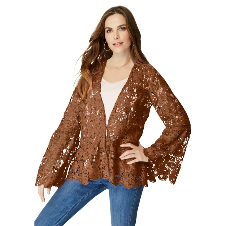 Roaman's Women's Plus Size Bell-Sleeve Lace Jacket