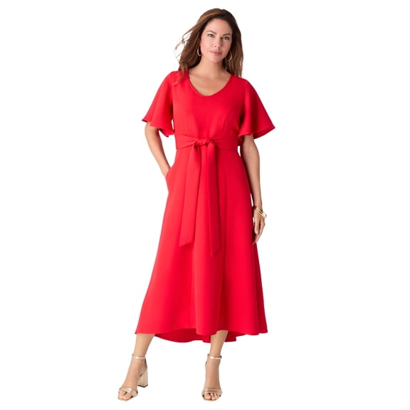 Roaman's Women's Plus Size Flutter Sleeve V-Neck Fit And Flare Bi-Stretch Maxi Dress