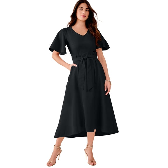 Roaman's Women's Plus Size Flutter Sleeve V-Neck Fit And Flare Bi-Stretch Maxi Dress