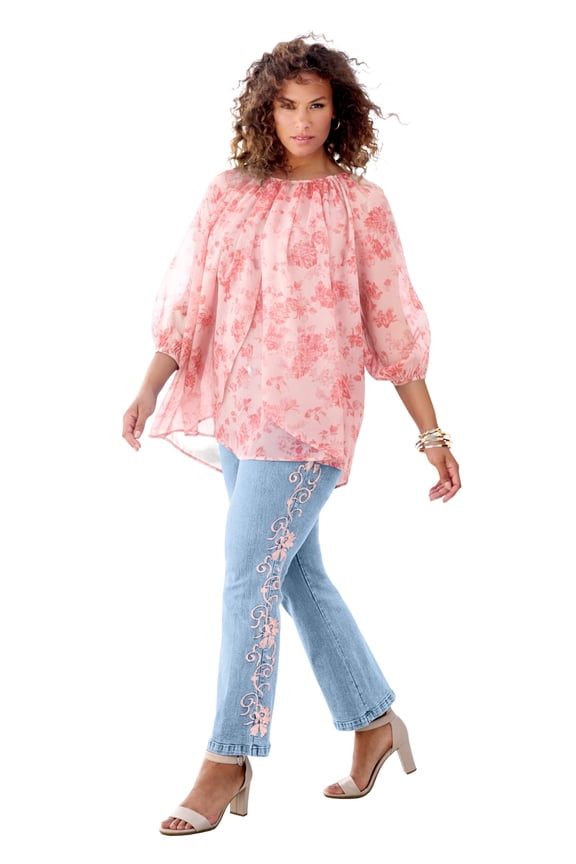 Women's Plus Size Blouson Sleeve Overlay Blouse