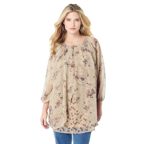Roaman's Women's Plus Size Blouson Sleeve Overlay Blouse