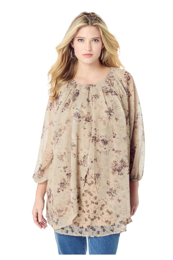 Women's Plus Size Blouson Sleeve Overlay Blouse