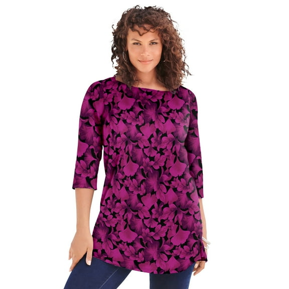 Roaman's Women's Plus Size Cotton Ultimate Boatneck Tunic With Side Slits