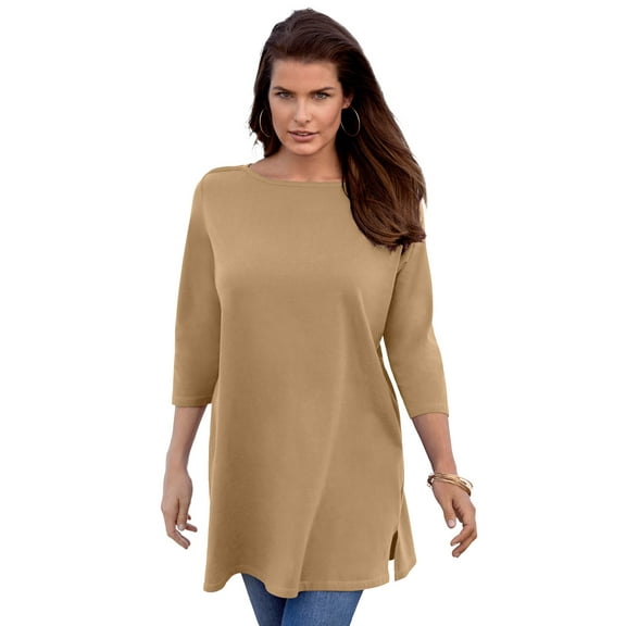 Roaman's Women's Plus Size Cotton Ultimate Boatneck Tunic With Side Slits