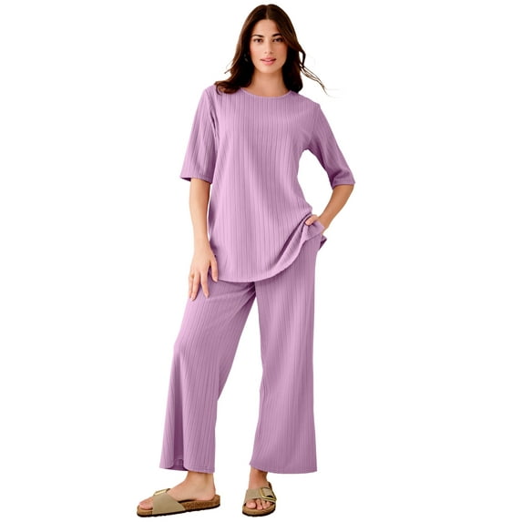 Roaman's Women's Plus Size Brushed Rib Cropped Pant Set