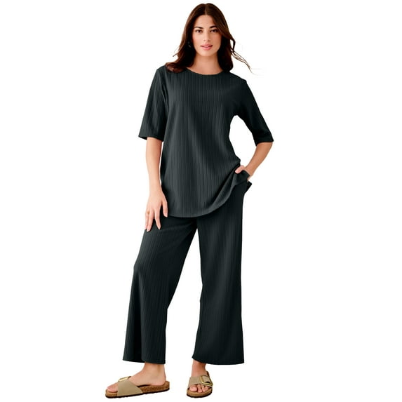 Roaman's Women's Plus Size Brushed Rib Cropped Pant Set