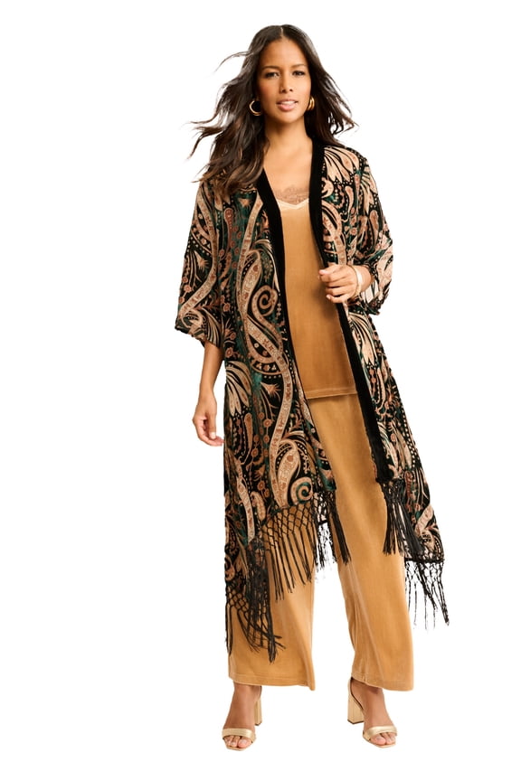 Women's Plus Size Burnout Velvet Fringe Duster
