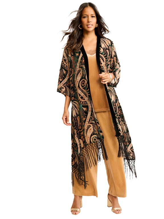 Women's Plus Size Burnout Velvet Fringe Duster